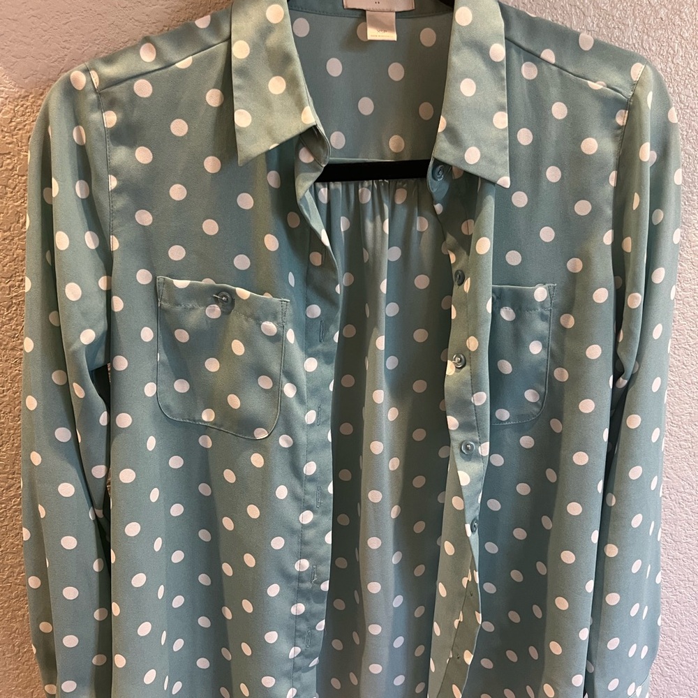 LOFT Sage Green and White Polka Dot Blouse